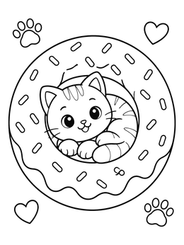 A sweet kitten curls inside a pastry in this donut coloring page.
