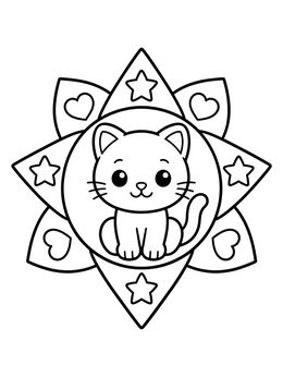 A kitten coloring page featuring a cute cat inside a star-shaped mandala with hearts.