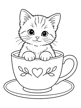 An adorable fluffy kitten resting inside a decorated mug in this cup coloring page.