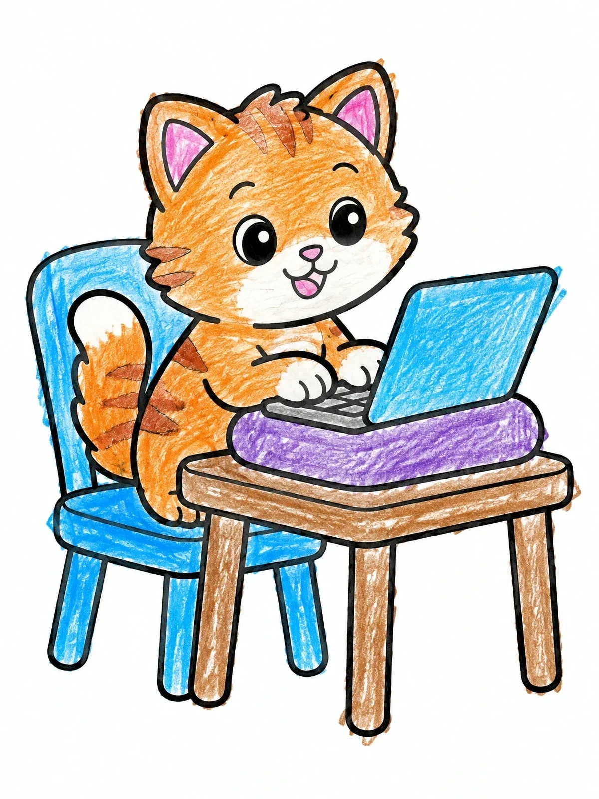 Colored example of the Cute Kitten Typing On Laptop coloring page