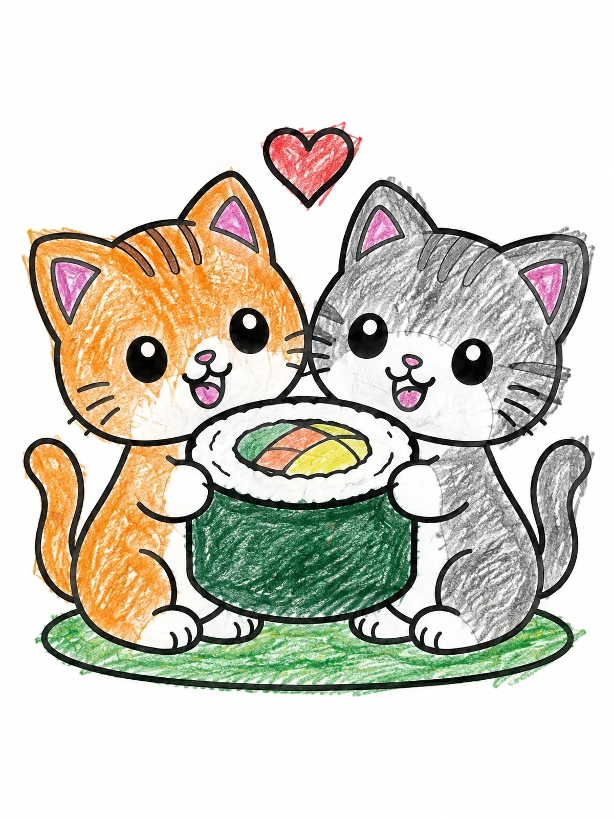Colored example of the Cute Kittens Sharing Giant Sushi coloring page