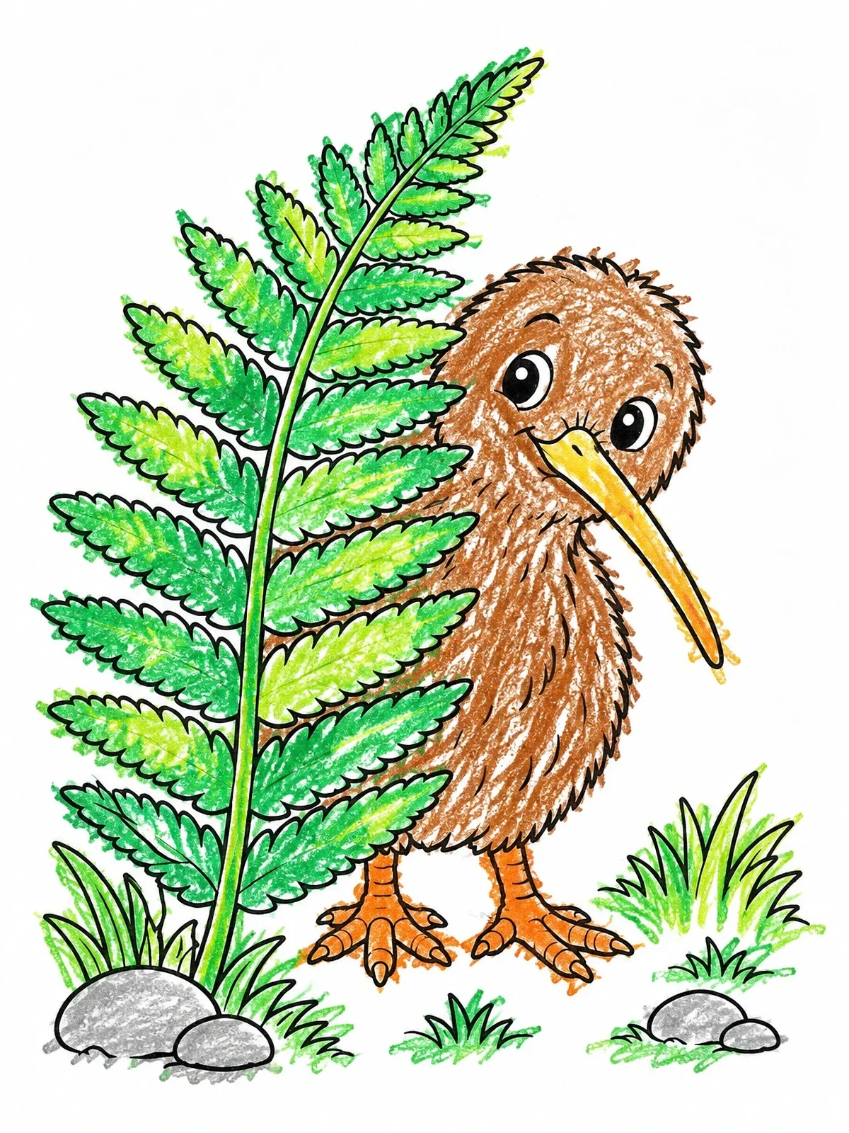 Colored example of the Cute Kiwi Bird Behind Fern Frond coloring page