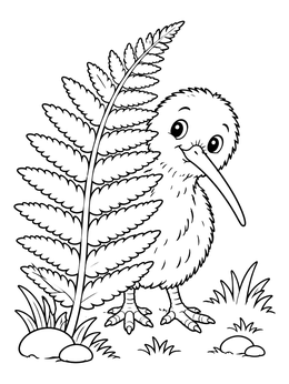 Free printable Cute Kiwi Bird Behind Fern Frond coloring page