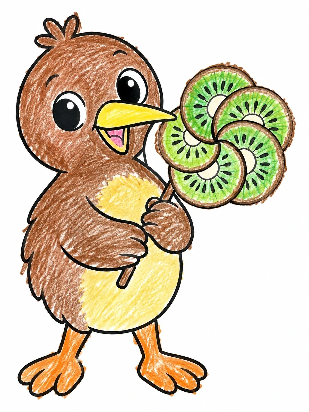 Colored example of the Cute Kiwi Bird With Fruit Pinwheel coloring page