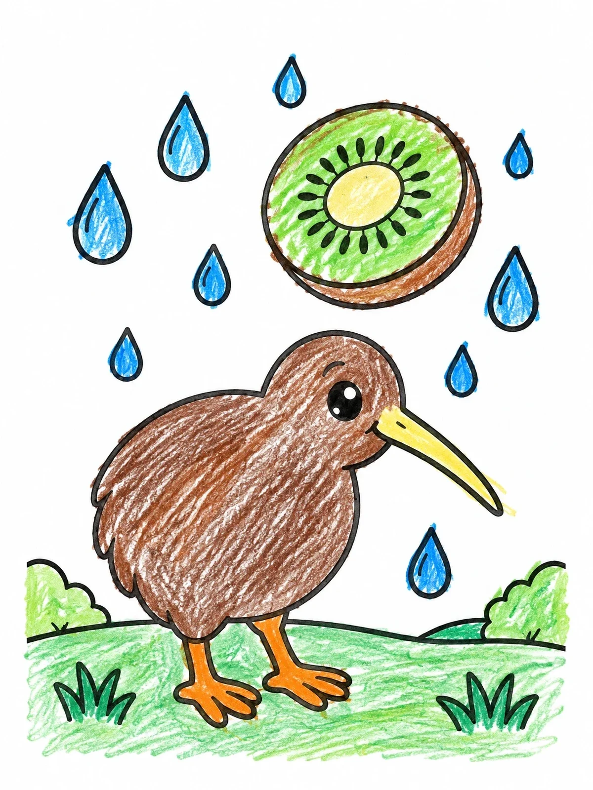 Colored example of the Cute Kiwi Bird With Kiwi Slice coloring page