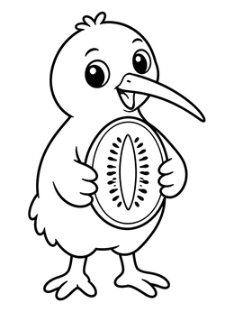 Free printable Cute Kiwi Bird Holding Kiwi Fruit coloring page
