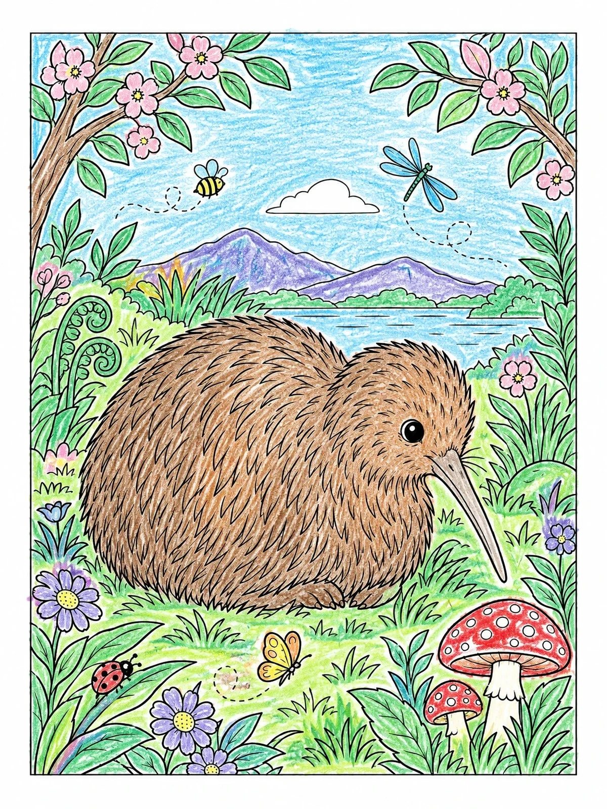 Colored example of the Cute Kiwi Bird Resting In Nature coloring page