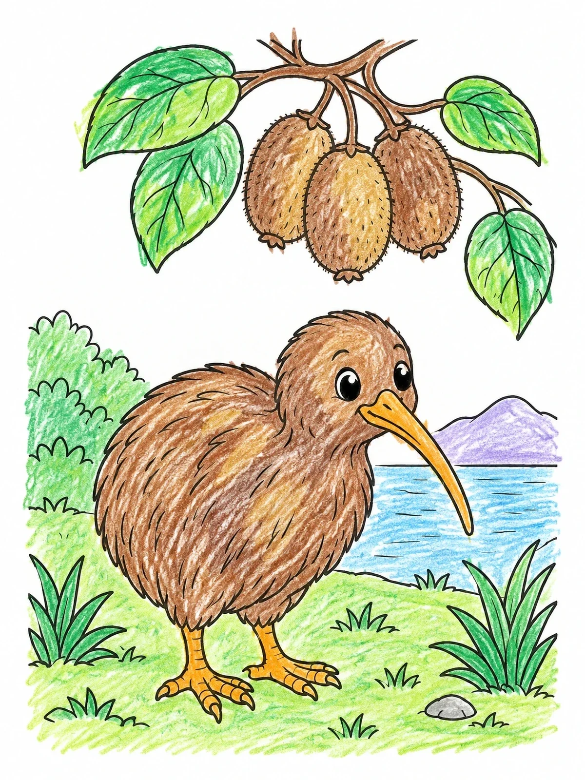 Colored example of the Cute Kiwi Bird And Kiwi Fruit coloring page
