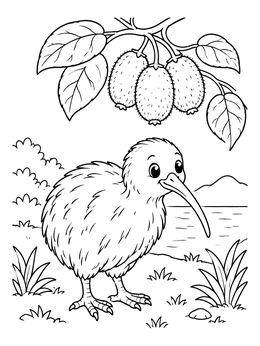 Free printable Cute Kiwi Bird And Kiwi Fruit coloring page