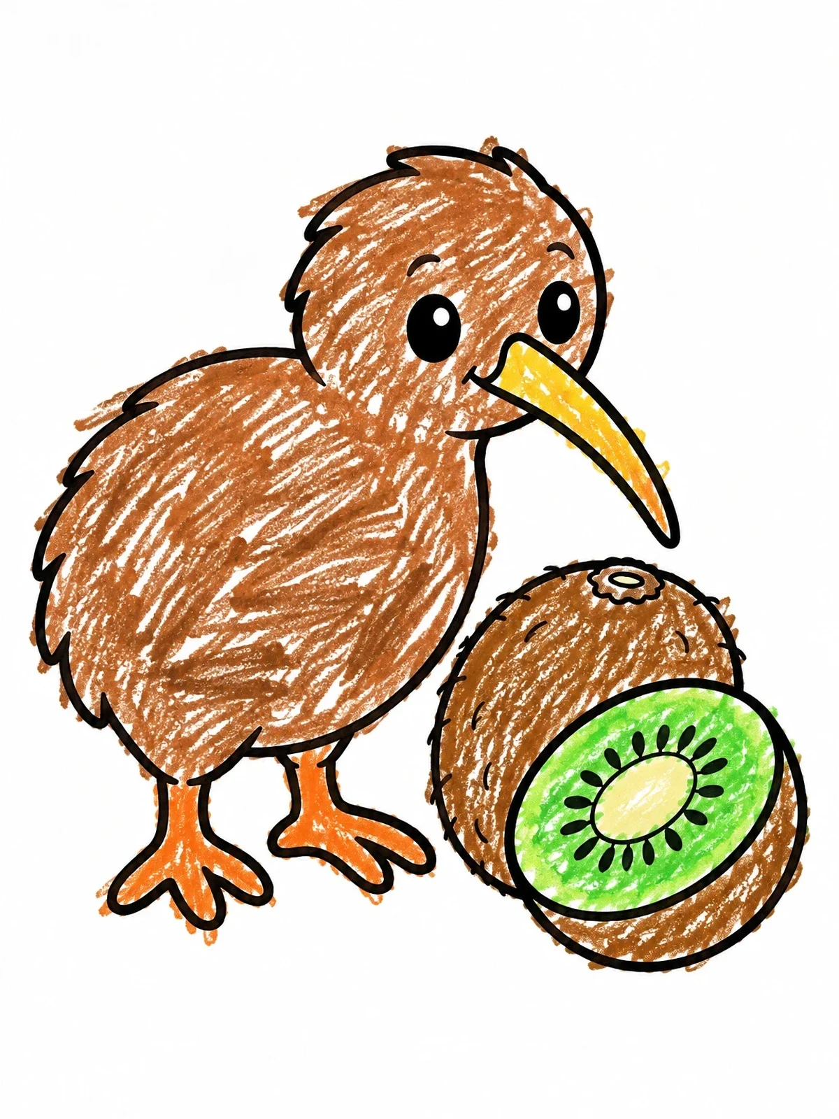 Colored example of the Cute Kiwi Bird With Kiwi Fruit coloring page