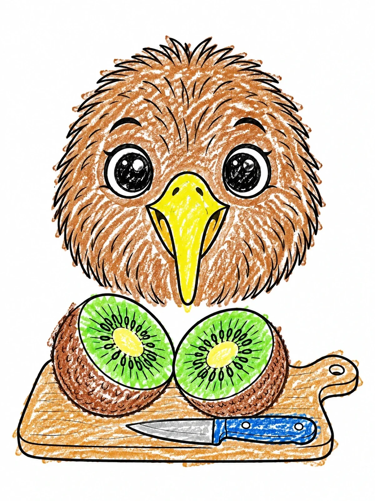 Colored example of the Cute Kiwi Bird With Kiwifruit Slices coloring page