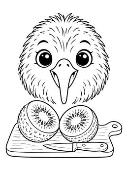 Free printable Cute Kiwi Bird With Kiwifruit Slices coloring page