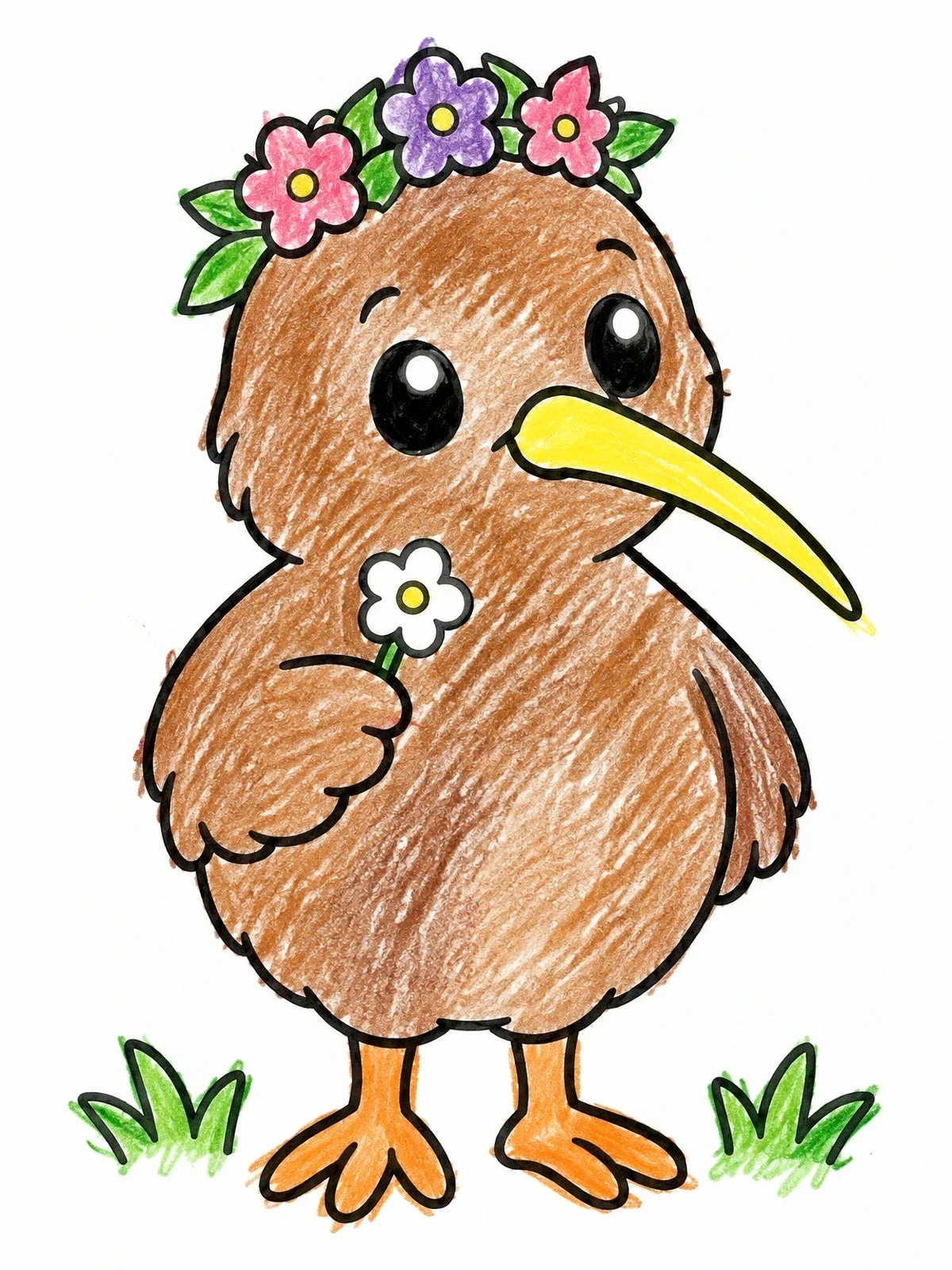 Colored example of the Cute Kiwi Chick With Flower Crown coloring page