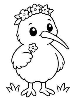 Free printable Cute Kiwi Chick With Flower Crown coloring page