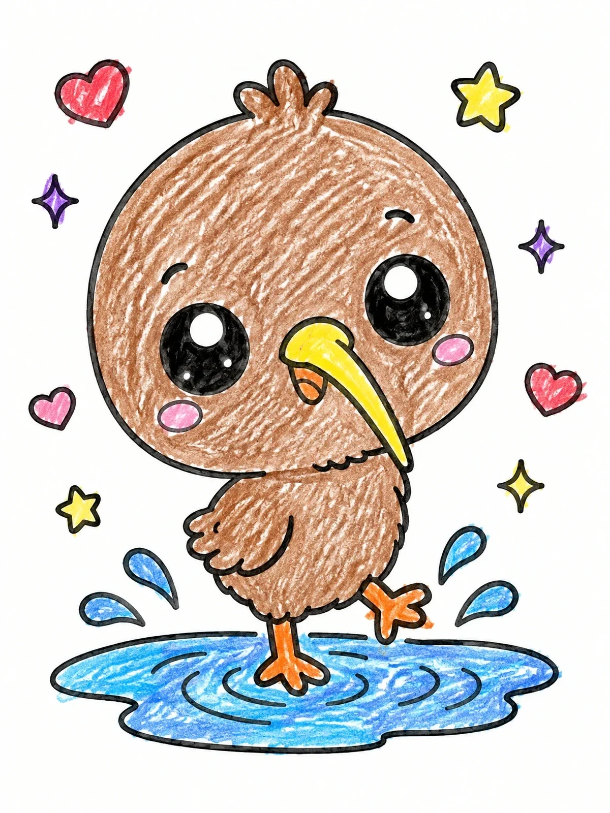 Colored example of the Cute Kiwi Chick Splashing In Puddle coloring page