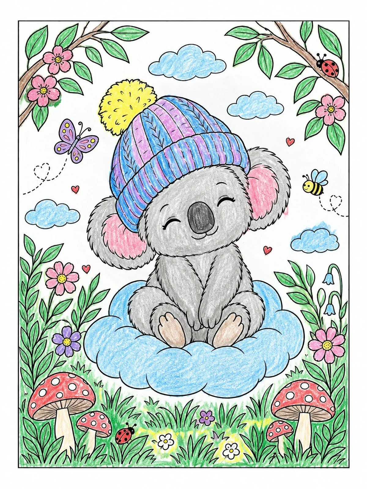 Colored example of the Cute Koala In A Beanie Hat coloring page