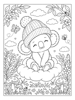 A cute koala coloring page featuring a baby koala wearing a cozy beanie hat on a cloud.