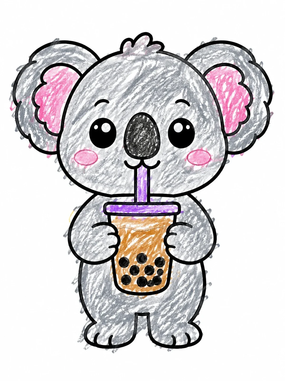 Colored example of the Cute Koala Drinking Boba Tea coloring page