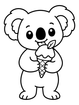 A cute cartoon koala coloring page eating an ice cream cone.