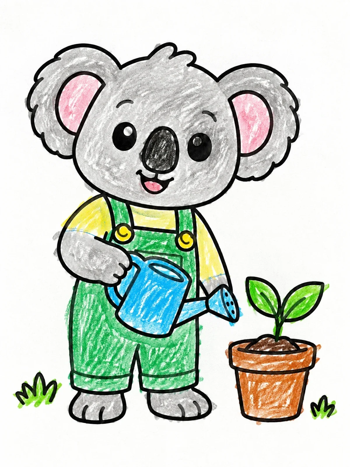 Colored example of the Cute Koala Gardener Watering Plant coloring page