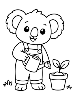 A koala coloring page showing a smiling koala in overalls watering a potted seedling.