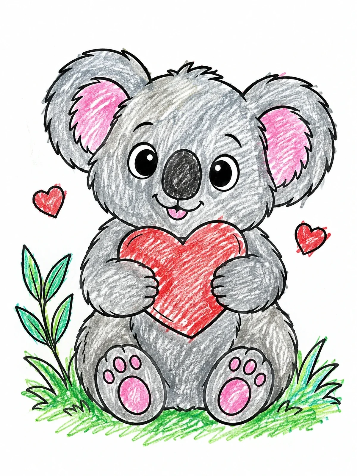 Colored example of the Cute Koala Hugging A Heart coloring page