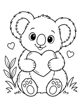 A sweet little koala coloring page featuring a sitting bear holding a heart cushion.