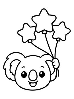 A cheerful koala coloring page showing a smiling koala face holding three star balloons.