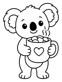 A sweet koala coloring page showing a little koala holding a warm mug of cocoa.