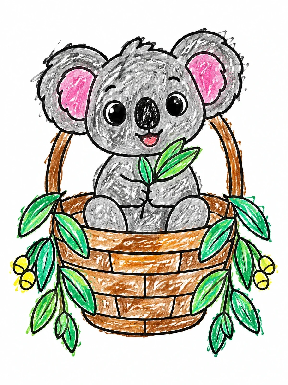 Colored example of the Cute Koala In A Basket coloring page