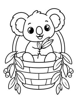A cheerful baby koala sitting in a woven basket on this cute koala coloring page.
