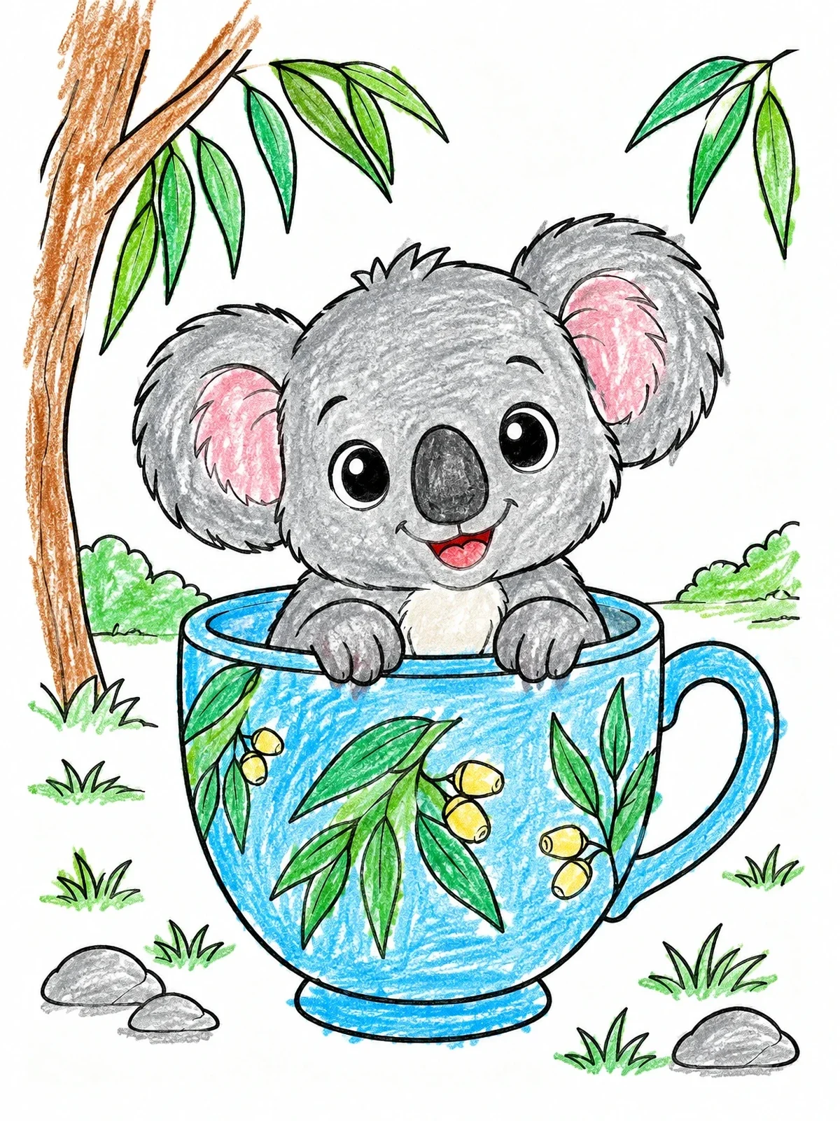 Colored example of the Cute Koala In A Teacup coloring page