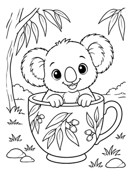 A sweet baby koala sitting inside a teacup in this koala coloring page.