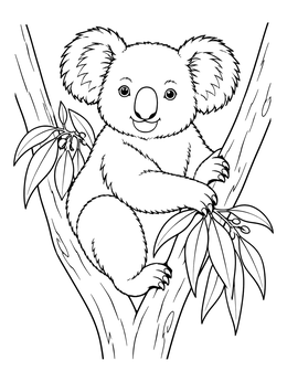 A smiling koala coloring page sitting comfortably between tree branches with leaves.