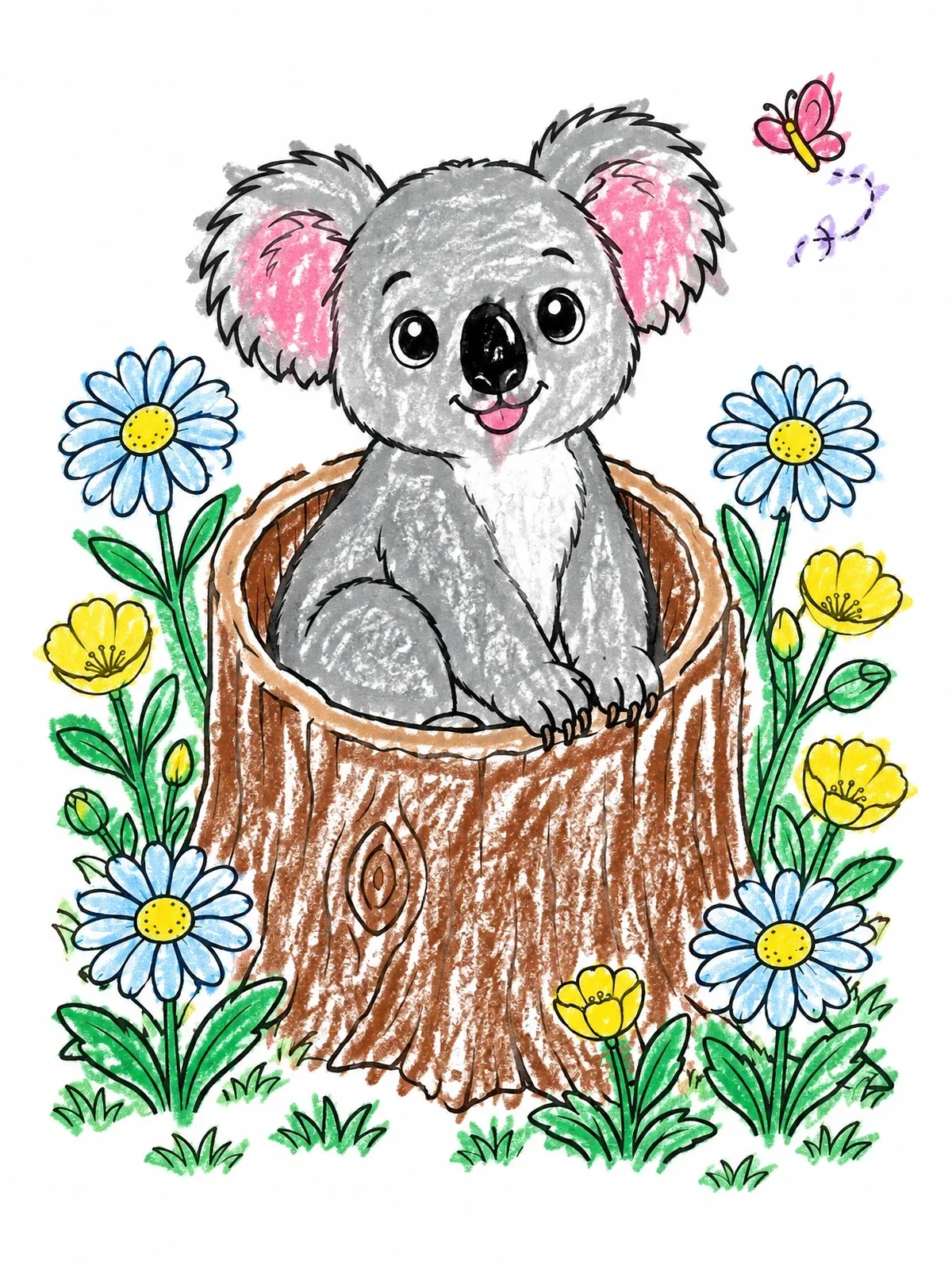 Colored example of the Cute Koala In Tree Stump coloring page