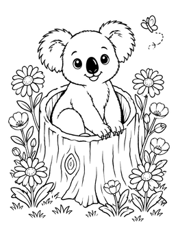 A cheerful koala coloring page featuring flowers and a butterfly around a tree stump.
