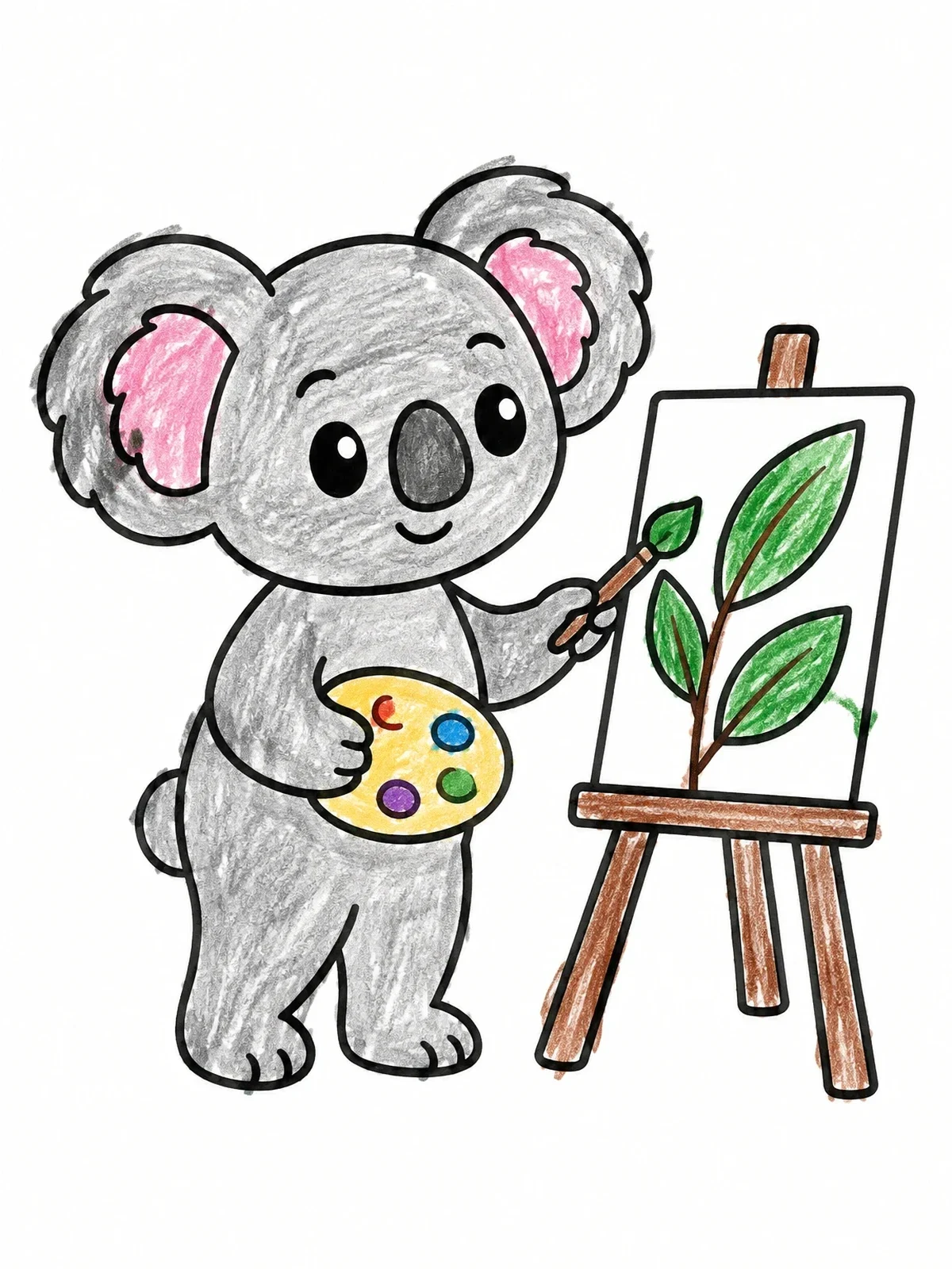 Colored example of the Cute Koala Painting On Easel coloring page