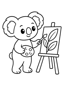 A sweet koala coloring page showing a little bear painting leaves on a canvas easel.