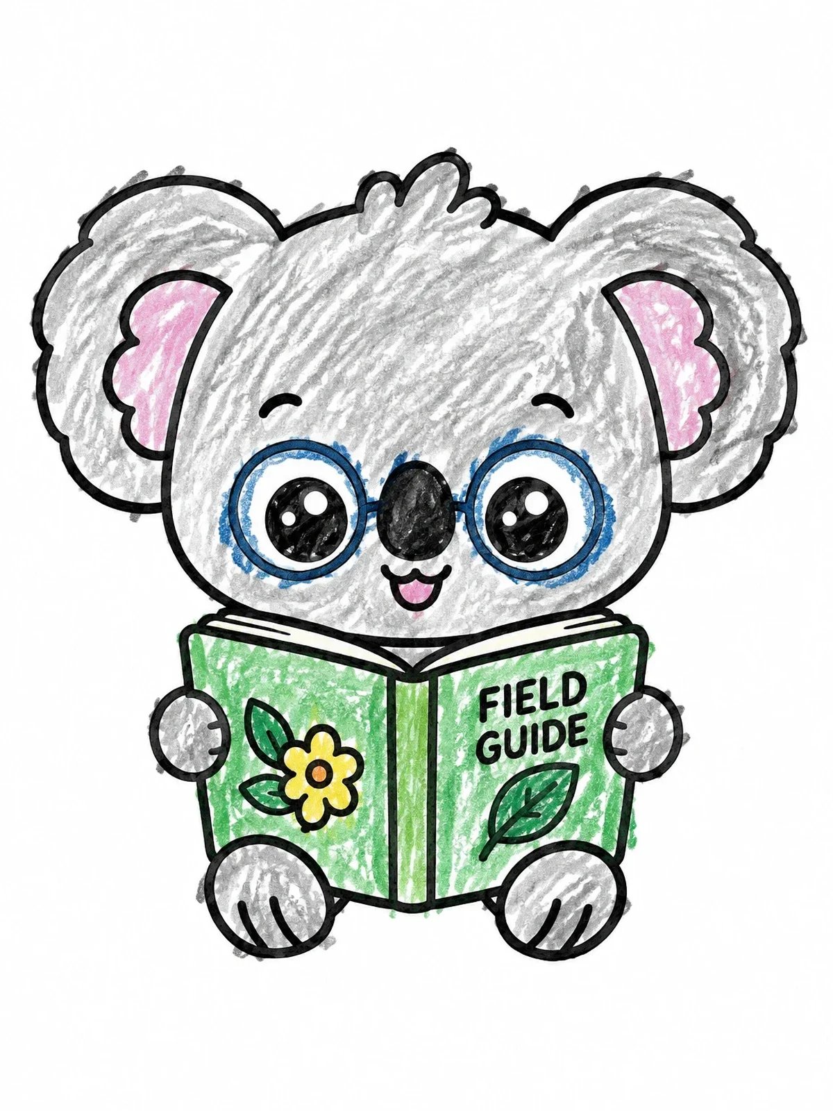 Colored example of the Cute Koala Reading Field Guide coloring page