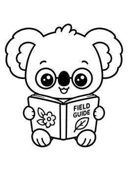 A koala coloring page featuring a small koala wearing round glasses while reading a field guide.