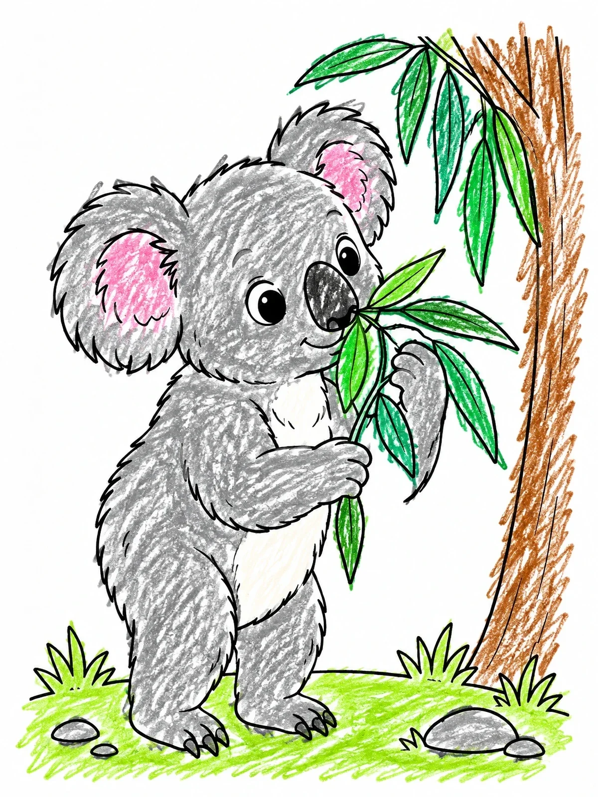 Colored example of the Cute Koala Sniffing Eucalyptus Leaves coloring page
