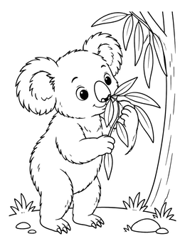 Free printable Cute Koala Sniffing Eucalyptus Leaves coloring page