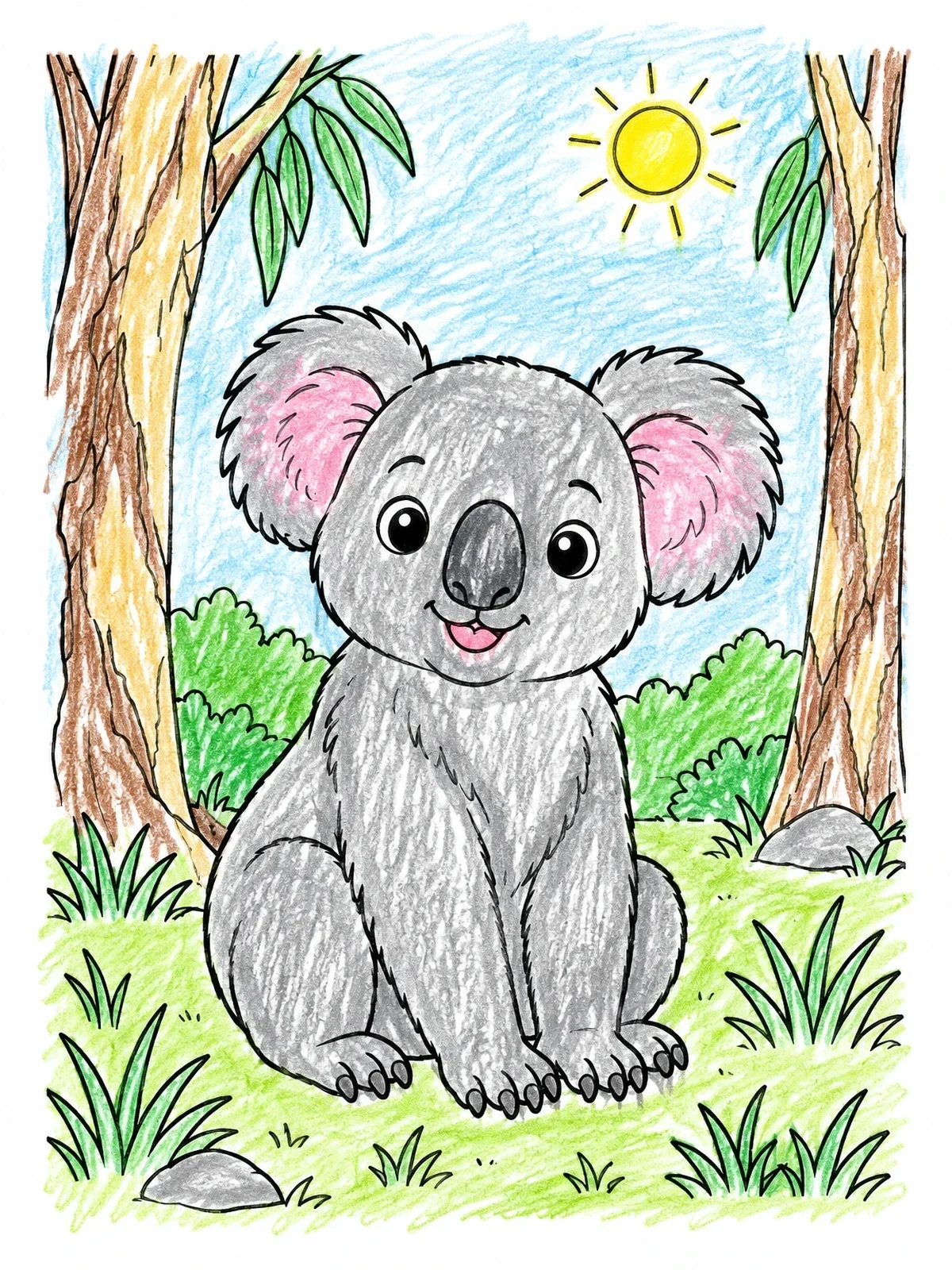 Colored example of the Cute Koala In Sunny Forest coloring page