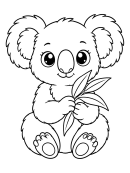 A sweet little koala holding eucalyptus leaves on this cute koala coloring page.