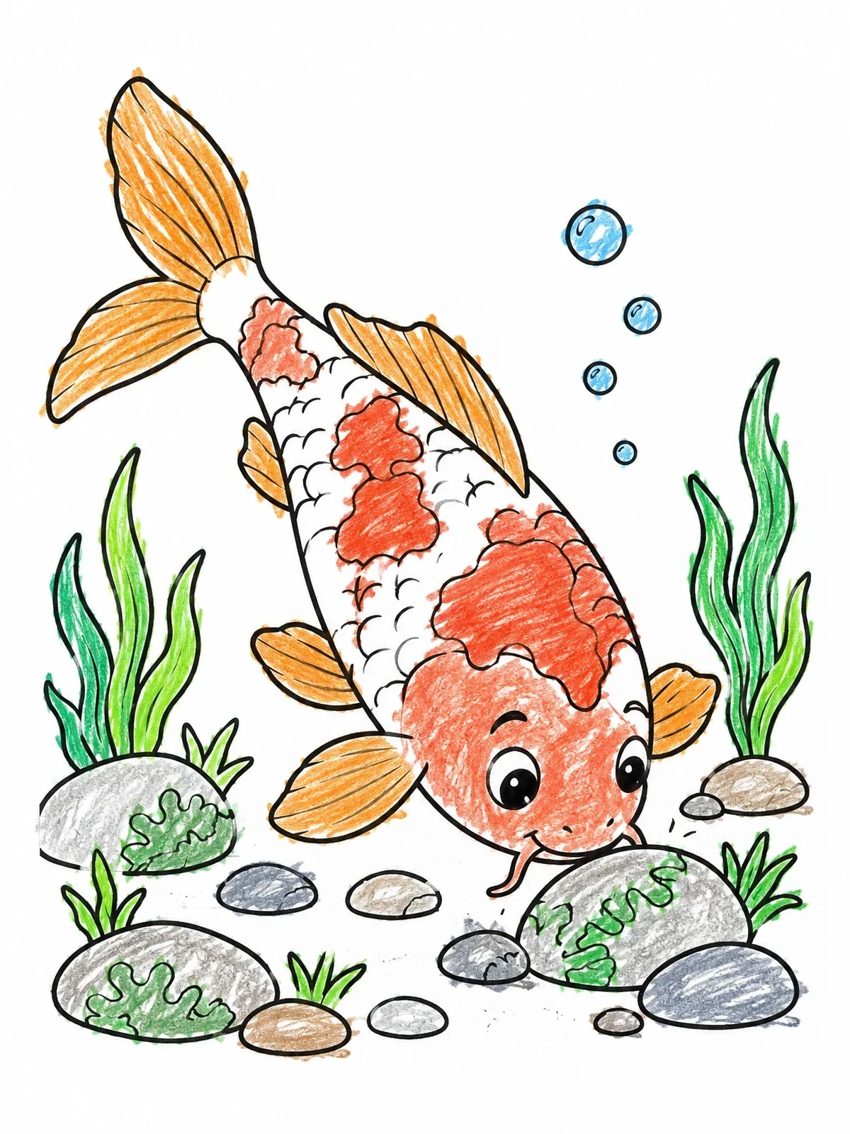 Colored example of the Cute Koi Exploring The Pond Bottom coloring page