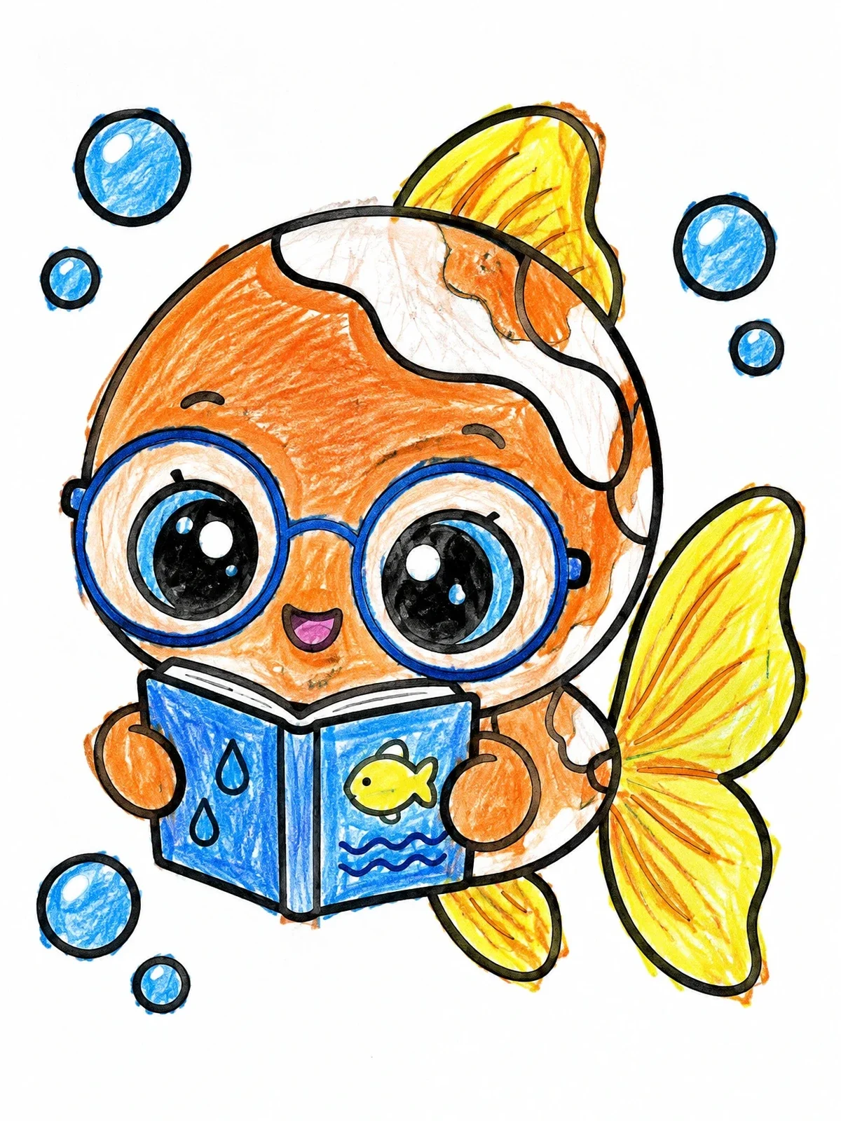 Colored example of the Cute Fish Reading A Book coloring page