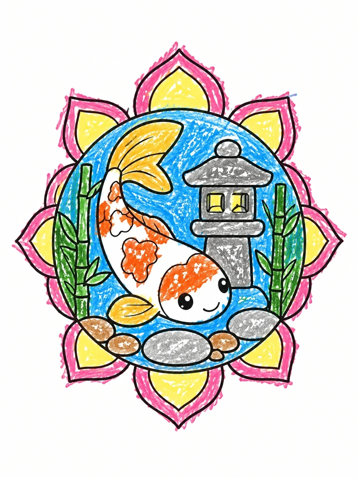 Colored example of the Cute Koi Fish And Stone Lantern coloring page