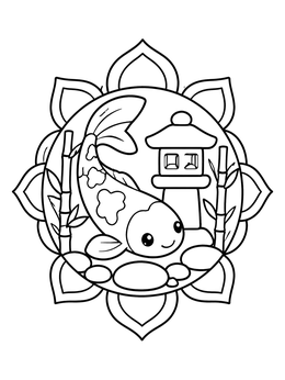 Free printable Cute Koi Fish And Stone Lantern coloring page