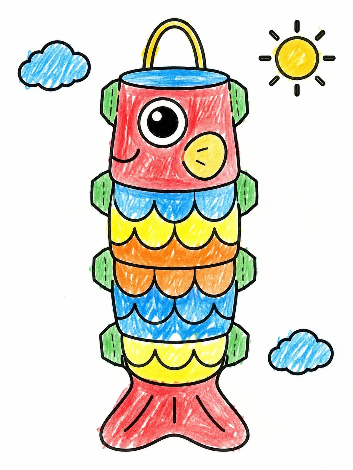 Colored example of the Cute Koinobori Carp Lantern Template coloring page