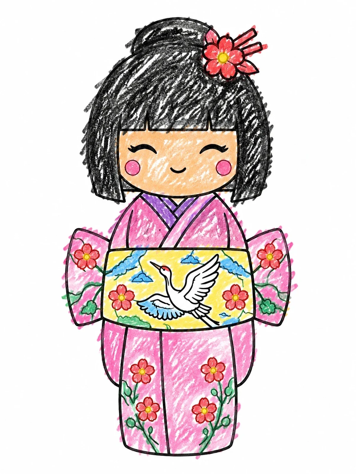 Colored example of the Cute Kokeshi Doll With Crane Obi coloring page